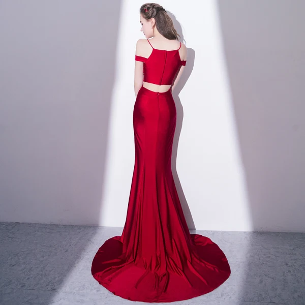 Sexy Bordeaux 2 Pièces Robe De Soirée 2018 Trompette / Sirène Fendue devant Bretelles Spaghetti Dos Nu Manches Courtes Train De Balayage Robe De Ceremonie