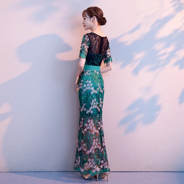 Amazing / Unique Dark Green Evening Dresses 2018 Trumpet / Mermaid Lace Flower V-Neck Short Sleeve Ankle Length Formal Dresses