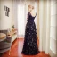 Chic / Beautiful Navy Blue Evening Dresses  2017 A-Line / Princess Beading Sequins V-Neck Backless 1/2 Sleeves Floor-Length / Long Formal Dresses