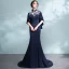 Elegant Navy Blue Evening Dresses  2018 Trumpet / Mermaid Lace Flower Pierced High Neck Short Sleeve Court Train Formal Dresses