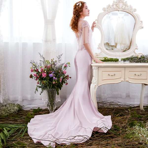 Élégant Rougissant Rose Robe De Soirée 2017 Trompette / Sirène En Dentelle Fleur Paillettes Encolure Dégagée Dos Nu 1/2 Manches Tribunal Train Robe De Ceremonie