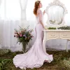 Elegant Blushing Pink Evening Dresses  2017 Trumpet / Mermaid Lace Flower Sequins Scoop Neck Backless 1/2 Sleeves Court Train Formal Dresses