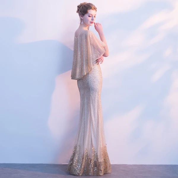Sexy Gold Evening Dresses 2018 Trumpet / Mermaid Sequins Crystal Pierced Scoop Neck 1/2 Sleeves Floor-Length / Long Formal Dresses
