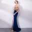 Sexy Marineblau Abendkleider 2018 Mermaid Strass V-Ausschnitt Rückenfreies Ärmellos Sweep / Pinsel Zug Festliche Kleider