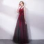 Chic / Beautiful Burgundy Prom Dresses 2018 A-Line / Princess Lace Appliques Bow Crystal V-Neck Backless Sleeveless Floor-Length / Long Formal Dresses