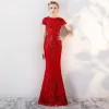 Sparkly Evening Dresses  2018 Trumpet / Mermaid Lace Sequins Metal Sash Scoop Neck Short Sleeve Ankle Length Formal Dresses