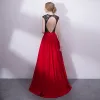 Chic / Beautiful Red Evening Dresses  2018 A-Line / Princess Sequins Scoop Neck Backless Sleeveless Floor-Length / Long Formal Dresses