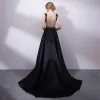 Elegant Black Evening Dresses  2018 A-Line / Princess Lace V-Neck Sleeveless Court Train Formal Dresses