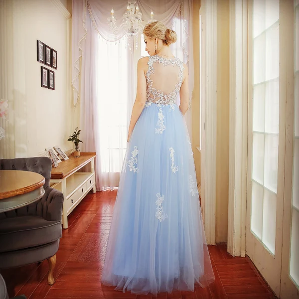 Chic / Beautiful Sky Blue Evening Dresses 2017 A-Line / Princess Lace Appliques Scoop Neck Sleeveless Floor-Length / Long Formal Dresses