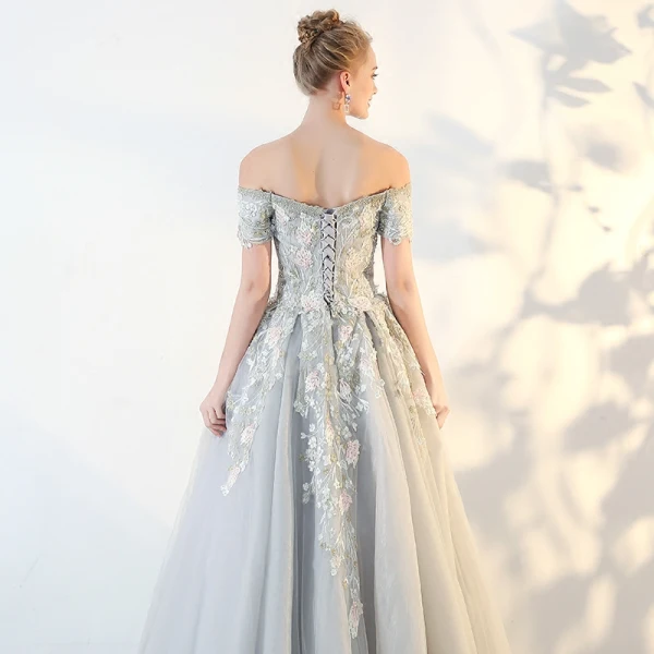 Chic / Beautiful Sage Green Prom Dresses 2018 A-Line / Princess Lace Flower Off-The-Shoulder Backless Short Sleeve Floor-Length / Long Formal Dresses