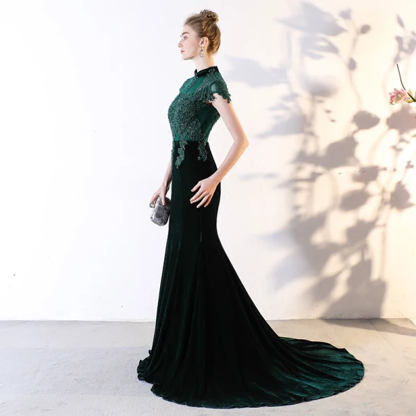 Chic / Beautiful Dark Green Evening Dresses 2018 Trumpet / Mermaid Lace Appliques Beading Crystal Scoop Neck Backless Short Sleeve Court Train Formal Dresses