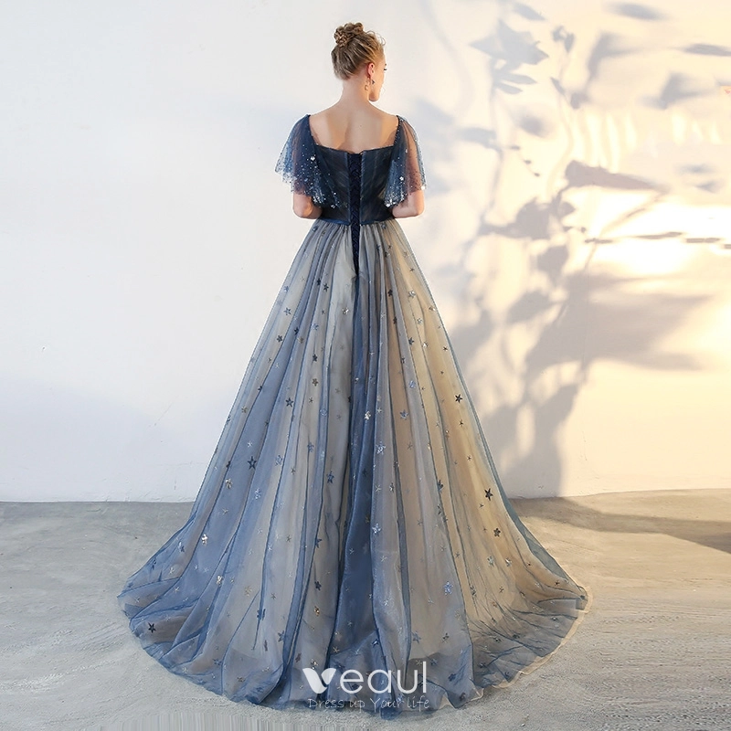 Elegant Prom Dresses 2018 A Line Princess Star Backless Square Neckline Short Sleeve Floor Length Long Formal Dresses