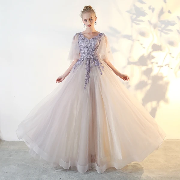 Chic / Beautiful Lavender Prom Dresses 2018 A-Line / Princess Lace Appliques V-Neck 1/2 Sleeves Floor-Length / Long Formal Dresses