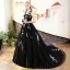 Chic / Beautiful Black Prom Dresses 2018 A-Line / Princess Embroidered V-Neck Backless Sleeveless Court Train Formal Dresses