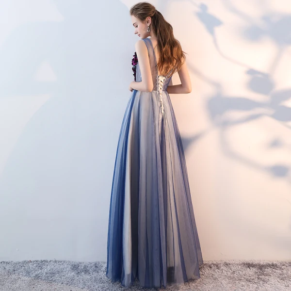 Chic / Beautiful Prom Dresses 2017 A-Line / Princess Appliques Crystal V-Neck Backless Sleeveless Floor-Length / Long Formal Dresses