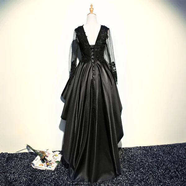 Chic / Belle Noir Robe De Cocktail 2017 Princesse En Dentelle Cristal Perlage V-Cou Dos Nu Asymétrique Robe De Ceremonie