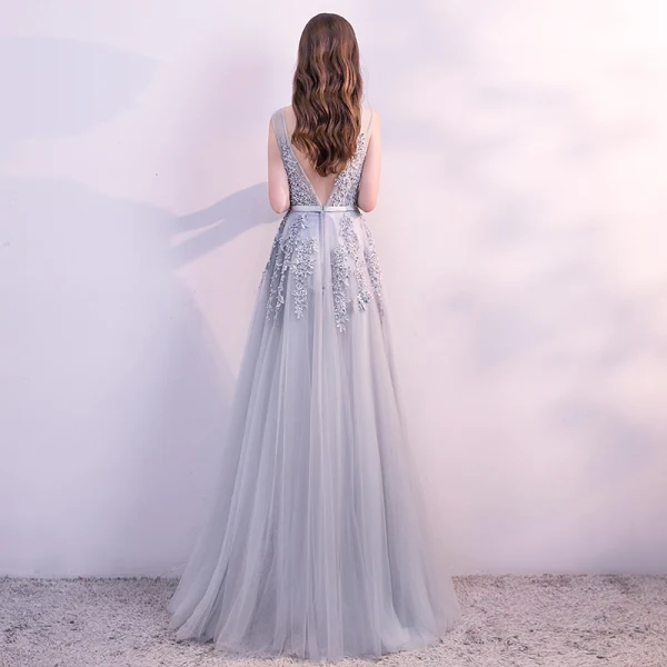 Chic / Belle Gris Robe De Soirée 2018 Princesse Dentelle Fleur Perle Paillettes Ceinture U-Cou Sans Manches Dos Nu Longue Robe De Ceremonie