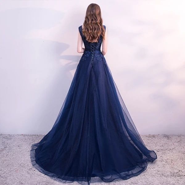 Chic / Belle Bleu Marine Robe De Soirée 2018 Princesse En Dentelle Fleur Perlage Cristal Paillettes Encolure Dégagée Dos Nu Sans Manches Train De Balayage Robe De Ceremonie