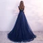 Chic / Belle Bleu Marine Robe De Soirée 2018 Princesse En Dentelle Fleur Perlage Cristal Paillettes Encolure Dégagée Dos Nu Sans Manches Train De Balayage Robe De Ceremonie