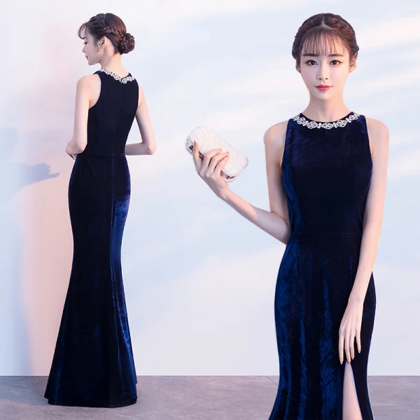 Sexy Navy Blue Evening Dresses 2018 Trumpet / Mermaid Rhinestone Scoop Neck Sleeveless Floor-Length / Long Formal Dresses
