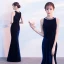 Sexy Navy Blue Evening Dresses  2018 Trumpet / Mermaid Rhinestone Scoop Neck Sleeveless Floor-Length / Long Formal Dresses