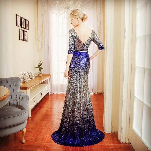 Scintillantes Robe De Soirée 2018 Trompette / Sirène Métal Ceinture Paillettes V-Cou Dos Nu 1/2 Manches Train De Balayage Robe De Ceremonie