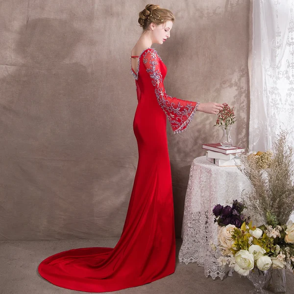 Luxury / Gorgeous Red Evening Dresses 2018 Trumpet / Mermaid Beading V-Neck Backless Long Sleeve Court Train Formal Dresses