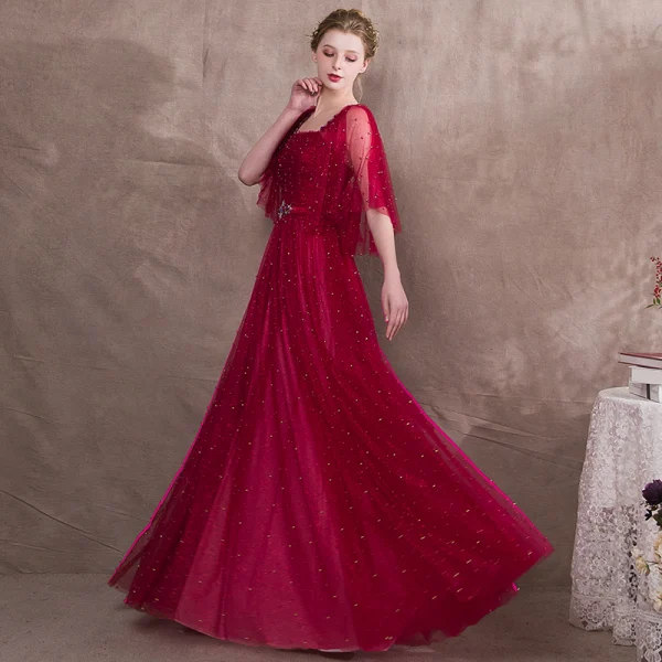Luxury / Gorgeous Burgundy Prom Dresses 2018 A-Line / Princess Glitter Beading Crystal Sash Square Neckline Backless 1/2 Sleeves Floor-Length / Long Formal Dresses