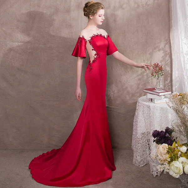 Elegant Red Evening Dresses  2018 Trumpet / Mermaid Beading Scoop Neck 1/2 Sleeves Sweep Train Formal Dresses