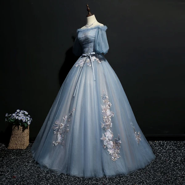 Elegant Prom Dresses 2018 Ball Gown Bow Embroidered Off-The-Shoulder Short Sleeve Floor-Length / Long Formal Dresses