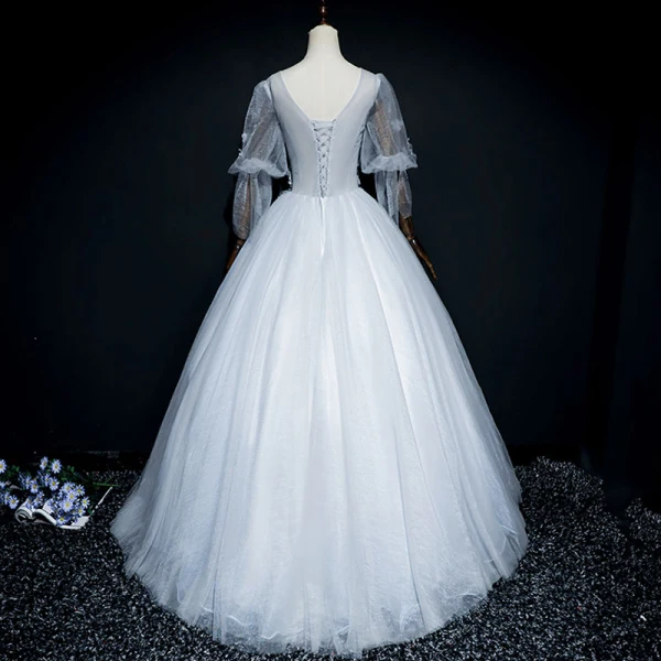 Elegant Grey Prom Dresses 2018 Ball Gown Lace Flower Appliques Pearl Scoop Neck Backless 1/2 Sleeves Floor-Length / Long Formal Dresses