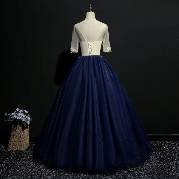 Elegant Navy Blue Prom Dresses 2018 Ball Gown Lace Appliques Scoop Neck Backless 1/2 Sleeves Floor-Length / Long Formal Dresses