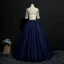 Elegant Navy Blue Prom Dresses 2018 Ball Gown Lace Appliques Scoop Neck Backless 1/2 Sleeves Floor-Length / Long Formal Dresses