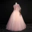 Elegant Pearl Pink Prom Dresses 2018 Ball Gown Lace Appliques Pearl Rhinestone Feather V-Neck Backless 1/2 Sleeves Floor-Length / Long Formal Dresses