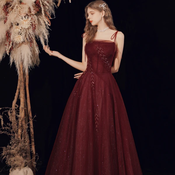 Sexy Burgundy Evening Dresses 2021 Beading Sequins Tulle Spaghetti Straps Sleeveless Backless A-Line / Princess Floor-Length / Long Evening Party Formal Dresses