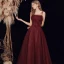 Sexy Burgundy Evening Dresses  2021 Beading Sequins Tulle Spaghetti Straps Sleeveless Backless A-Line / Princess Floor-Length / Long Evening Party Formal Dresses