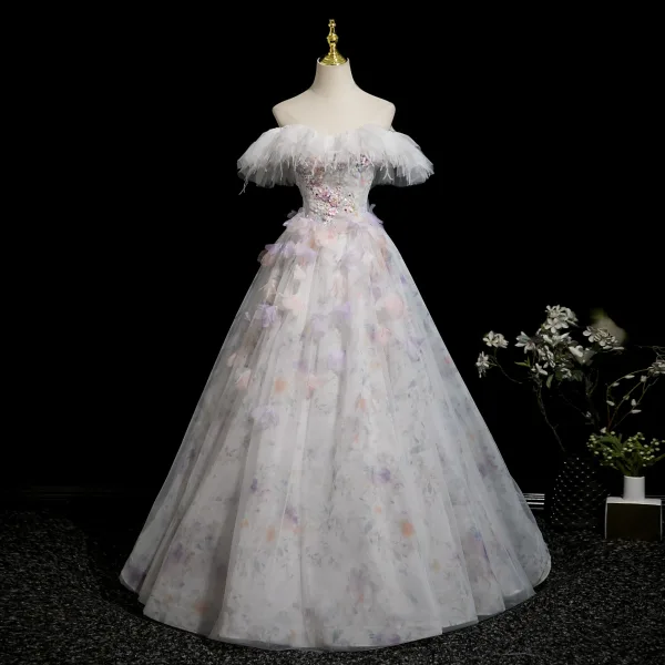Chic / Belle Blanche Perlage Paillettes Appliques Robe De Bal 2025 Robe Boule De l'épaule Gland Manches Courtes Dos Nu Longue Robe De Ceremonie