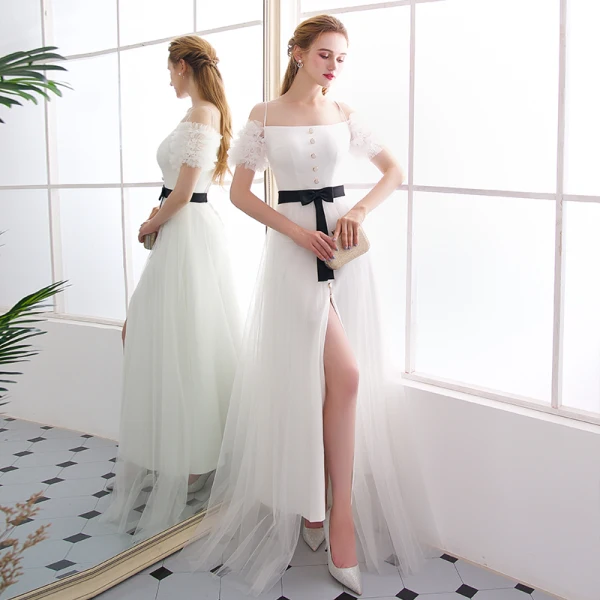 Modern / Fashion Ivory Formal Dresses 2018 A-Line / Princess Spaghetti Straps Backless Short Sleeve Ankle Length Evening Dresses