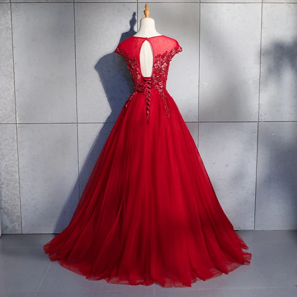 Chic / Beautiful Burgundy Evening Dresses 2018 A-Line / Princess Appliques Lace Flower Beading Crystal Sequins Scoop Neck Backless Cap Sleeves Floor-Length / Long Formal Dresses
