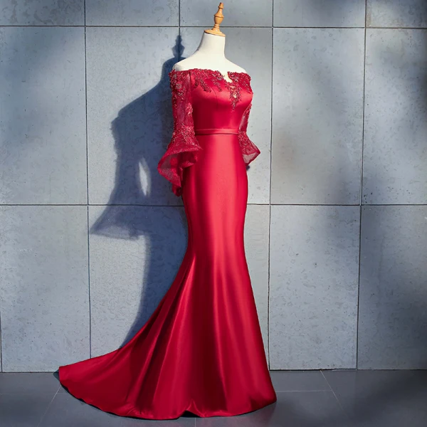 Élégant Bordeaux Robe De Soirée 2018 Trompette / Sirène Appliques En Dentelle Fleur Dos Nu Perlage Cristal Ceinture De l'épaule 3/4 Manches Train De Balayage Robe De Ceremonie