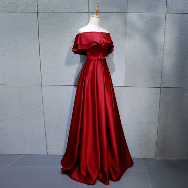 Modest / Simple Burgundy Evening Dresses 2018 A-Line / Princess Buttons Bow Off-The-Shoulder Backless Short Sleeve Floor-Length / Long Formal Dresses