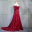 Charming Burgundy Evening Dresses  2018 A-Line / Princess Beading Crystal Lace Flower Rhinestone Off-The-Shoulder Backless Short Sleeve Court Train Formal Dresses