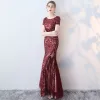 Chic / Beautiful Evening Dresses  2017 Trumpet / Mermaid Sequins Scoop Neck Backless Short Sleeve Ankle Length Formal Dresses