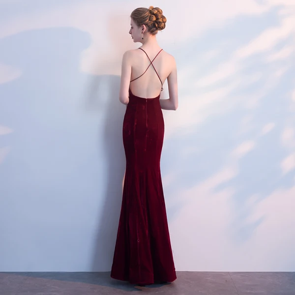 Modest / Simple Burgundy Evening Dresses  2018 Trumpet / Mermaid Spaghetti Straps X-Strap Backless Sleeveless Floor-Length / Long Formal Dresses