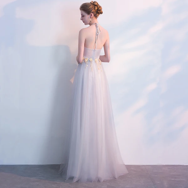 Chic / Beautiful Grey Evening Dresses 2018 A-Line / Princess Appliques Halter Backless Sleeveless Floor-Length / Long Formal Dresses