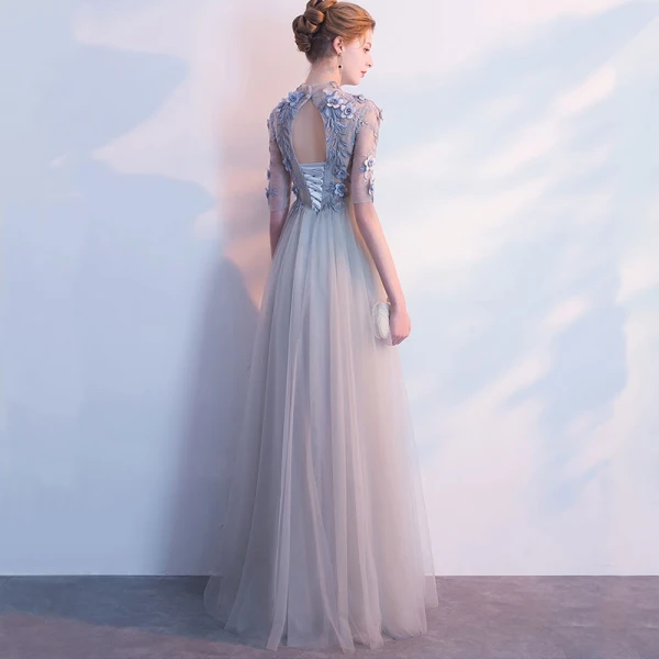 Elegant Evening Dresses 2018 Empire Lace Flower Appliques Pearl Scoop Neck Backless 1/2 Sleeves Floor-Length / Long Formal Dresses