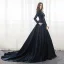 Chic / Belle Bleu Marine Robe De Soirée 2018 Princesse Perlage Paillettes Col Haut Manches Longues Chapel Train Robe De Ceremonie