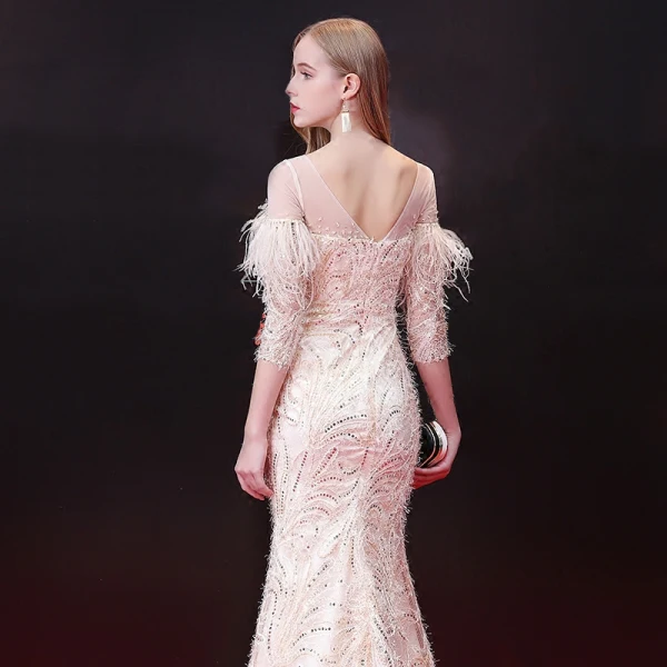 Élégant Champagne Robe De Soirée 2018 Trompette / Sirène Paillettes Plumes Gland Encolure Dégagée Dos Nu 3/4 Manches Longueur Cheville Robe De Ceremonie