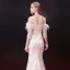 Élégant Champagne Robe De Soirée 2018 Trompette / Sirène Paillettes Plumes Gland Encolure Dégagée Dos Nu 3/4 Manches Longueur Cheville Robe De Ceremonie