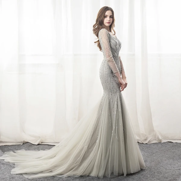Luxury / Gorgeous Grey Evening Dresses  2018 Trumpet / Mermaid Beading Sequins V-Neck Backless Long Sleeve Chapel Train Formal Dresses